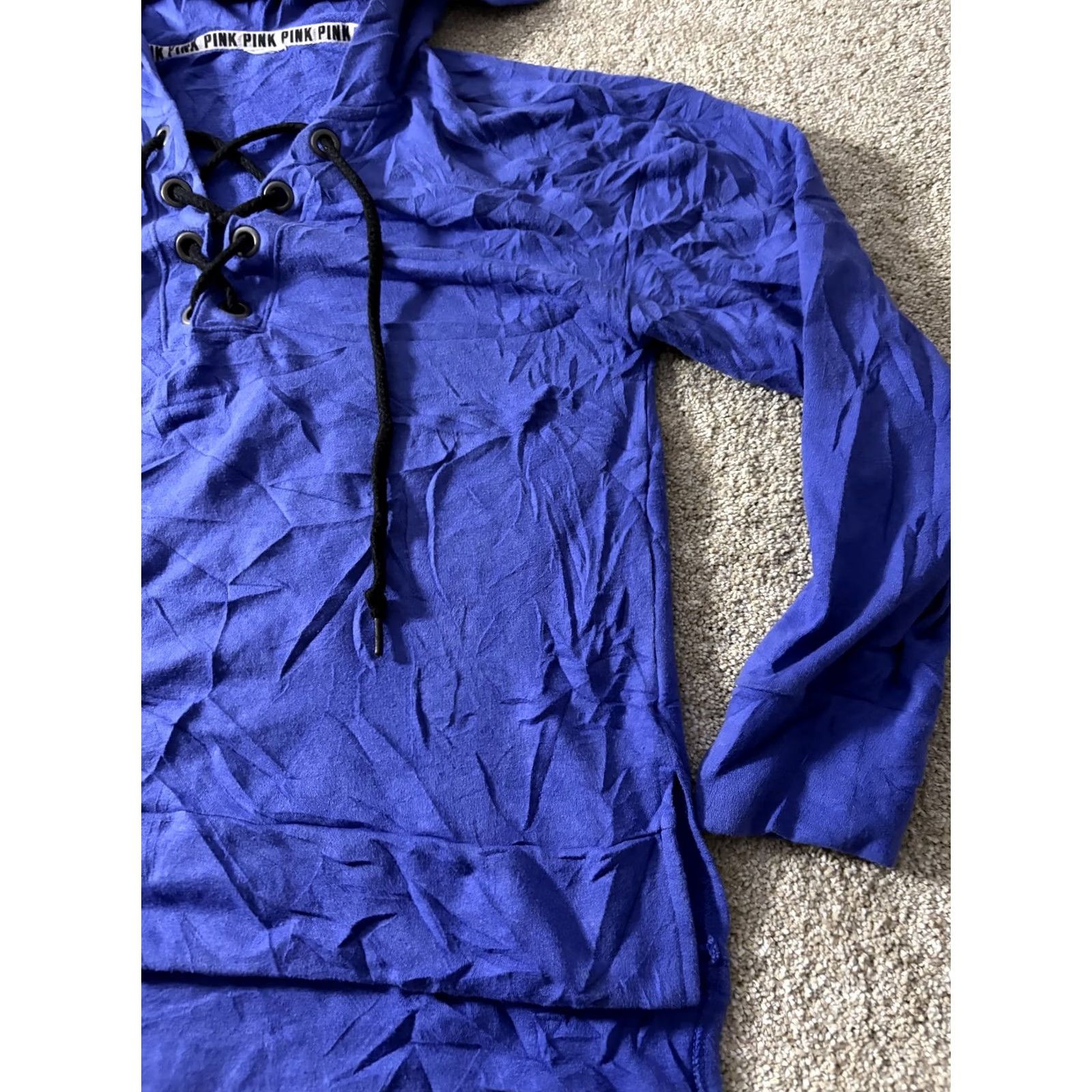 Pinko PINK Victoria's Secret Hoodie Womens L Blue Lace Up Pullover V-Neck Graphic Print Hooded Casual Pullover Size L / US 10 / IT 46 - 3 Thumbnail