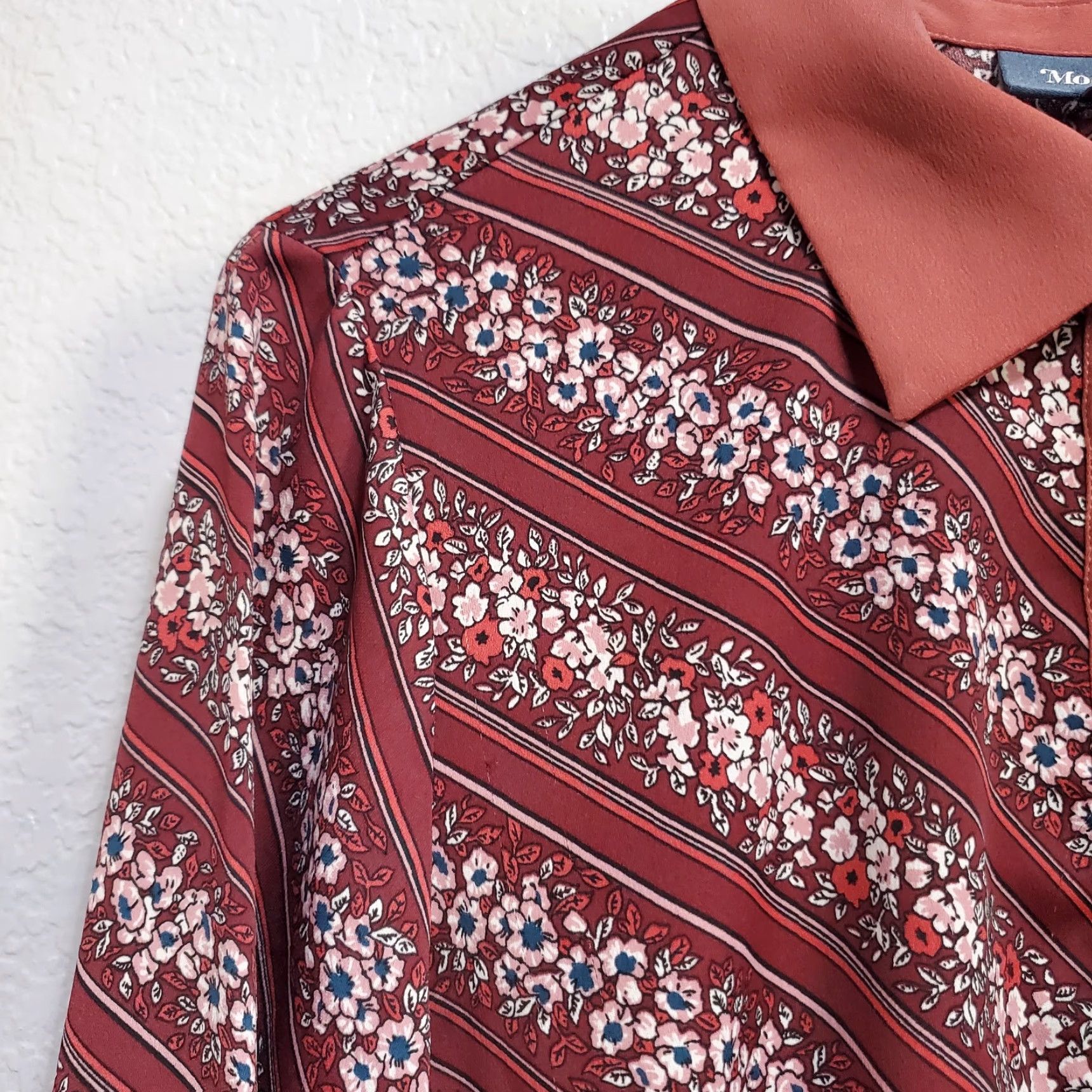 Vintage ModCloth Top Women M Burgundy Floral Stripes Collared Long Sleeve 70s Retro Blouse Size M / US 6-8 / IT 42-44 - 5 Thumbnail