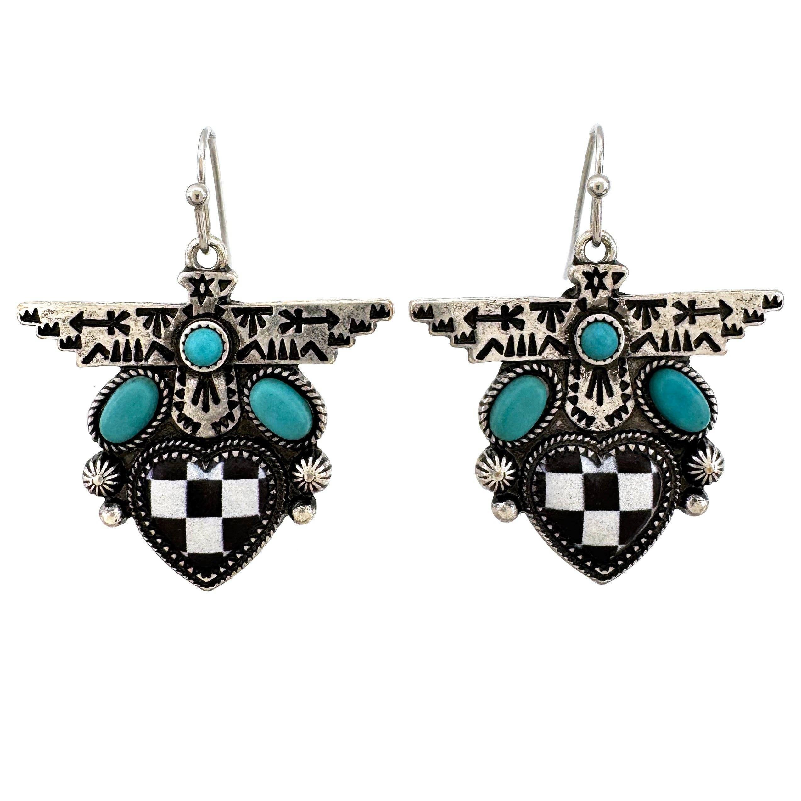 Other Boho Turquoise Thunderbird Earrings, Stylish Checkered Desig Size ONE SIZE - 7 Thumbnail