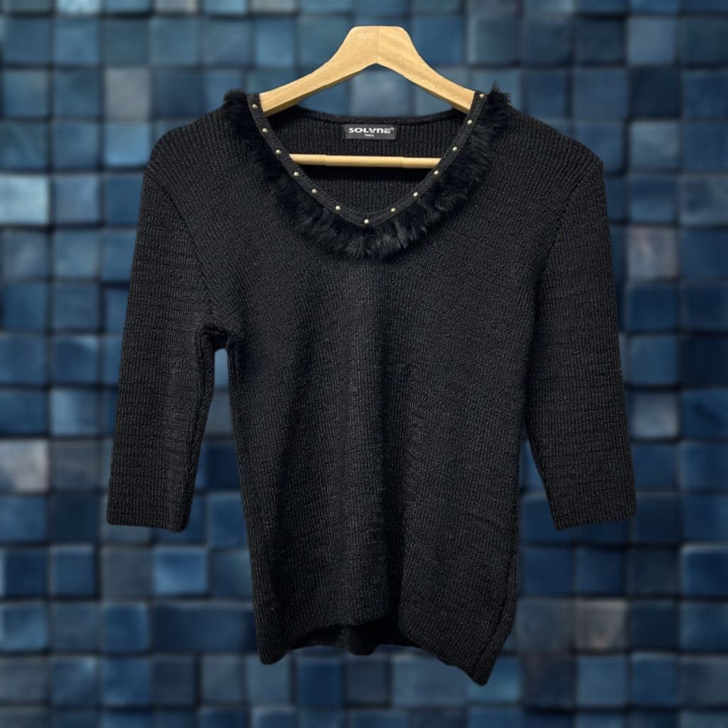 Vintage VINTAGE Solyne Paris Sweater Women Black Rhinestone Square Neck 3/4 Sleeve Knit MadeInFrance S Pullover Size S / US 4 / IT 40 - 1 Thumbnail