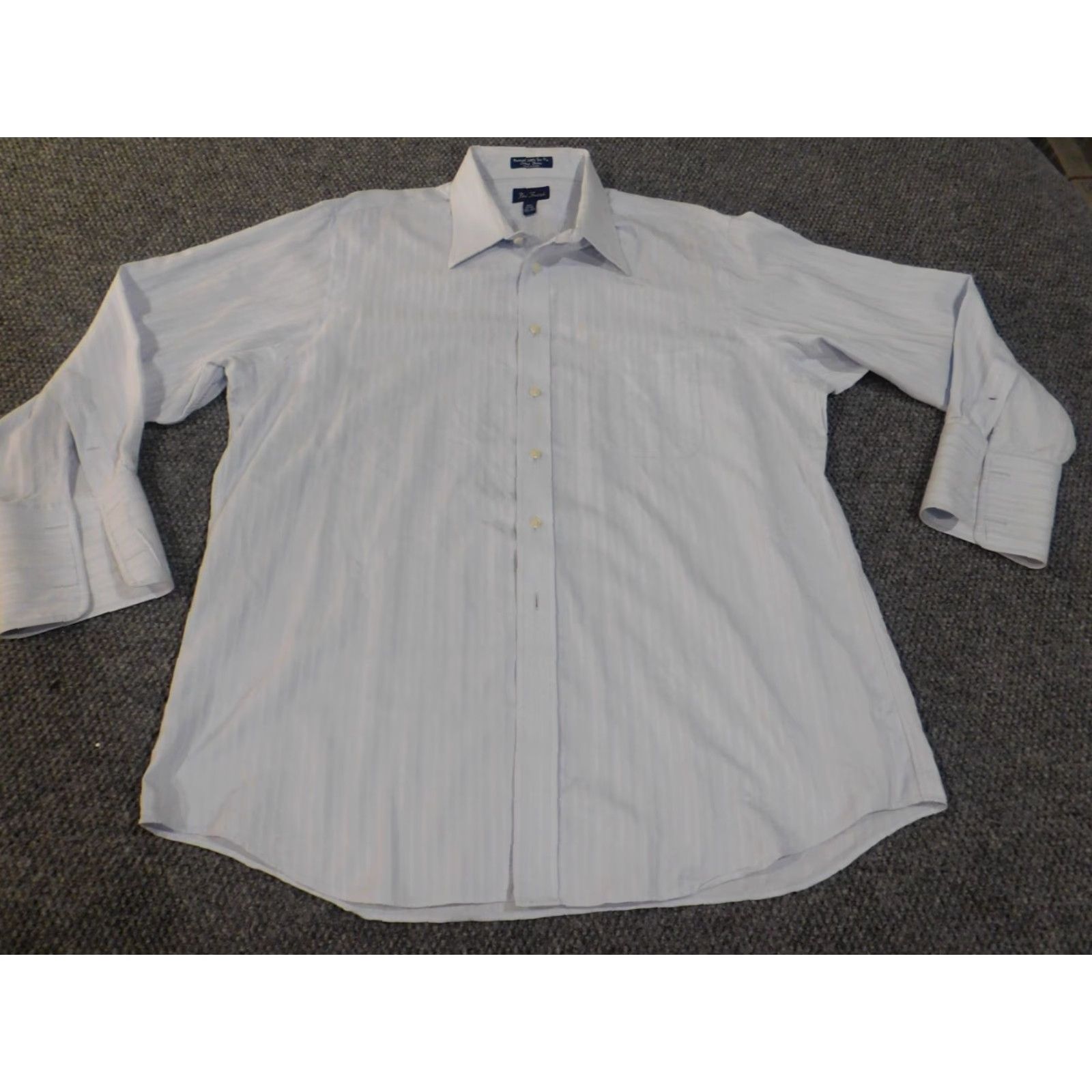 Vintage Paul Fredrick Dress Shirt Mens 17.5 Blue Pinpoint Button Up Collar Down Barrel Cuff Non-Iron Breathable Easy Care Fabric Knit Size 48R - 3 Thumbnail