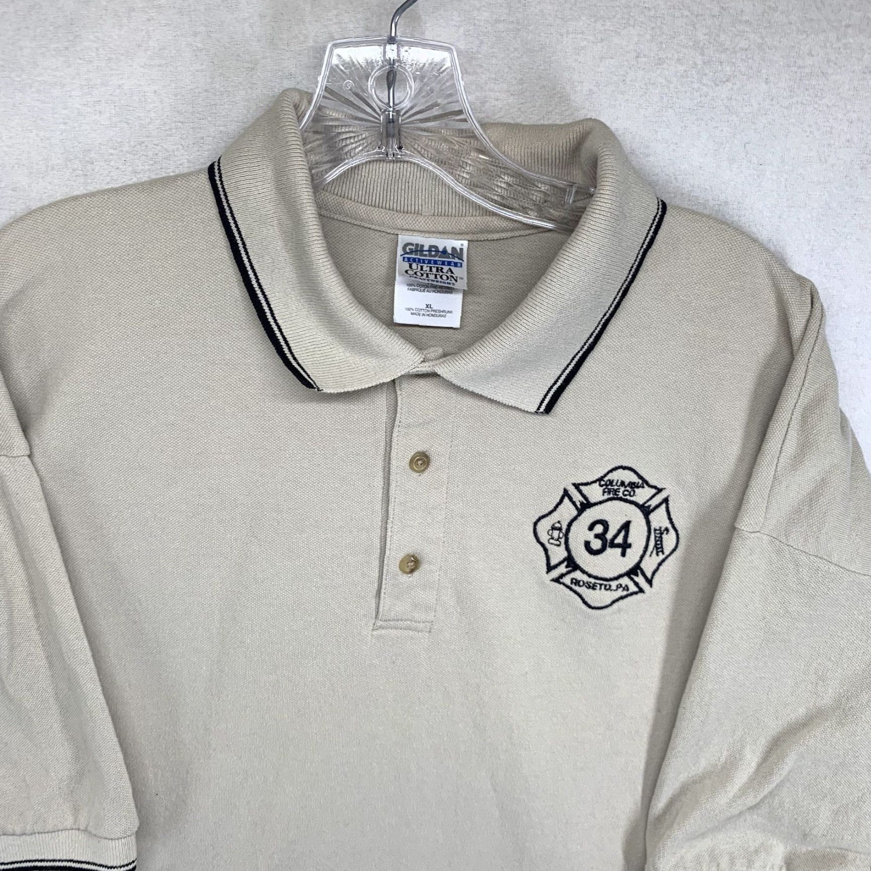 Gildan VINTAGE Gildan Polo Shirt Fire Department Fire Co. Roseto PA Men XL Beige Polo Shirt 100% Cotton Canvas Firefighter 90s/Fireman Golf Walking Mens Size US XL / EU 56 / 4 - 4 Thumbnail