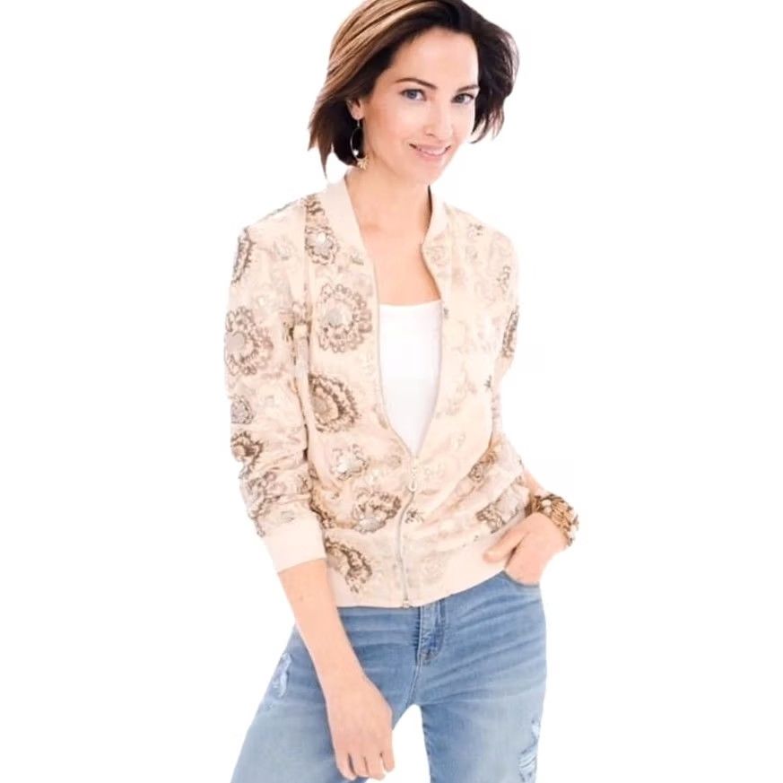 Vintage Chico’s Black Label Sequin Lace Bomber Jacket Floral Peachy Pink Size 2 US 12/14 Jacket Womens Bomber Pink Sequin Lace 12/14 US 2 Size L / US 10 / IT 46 - 2 Thumbnail