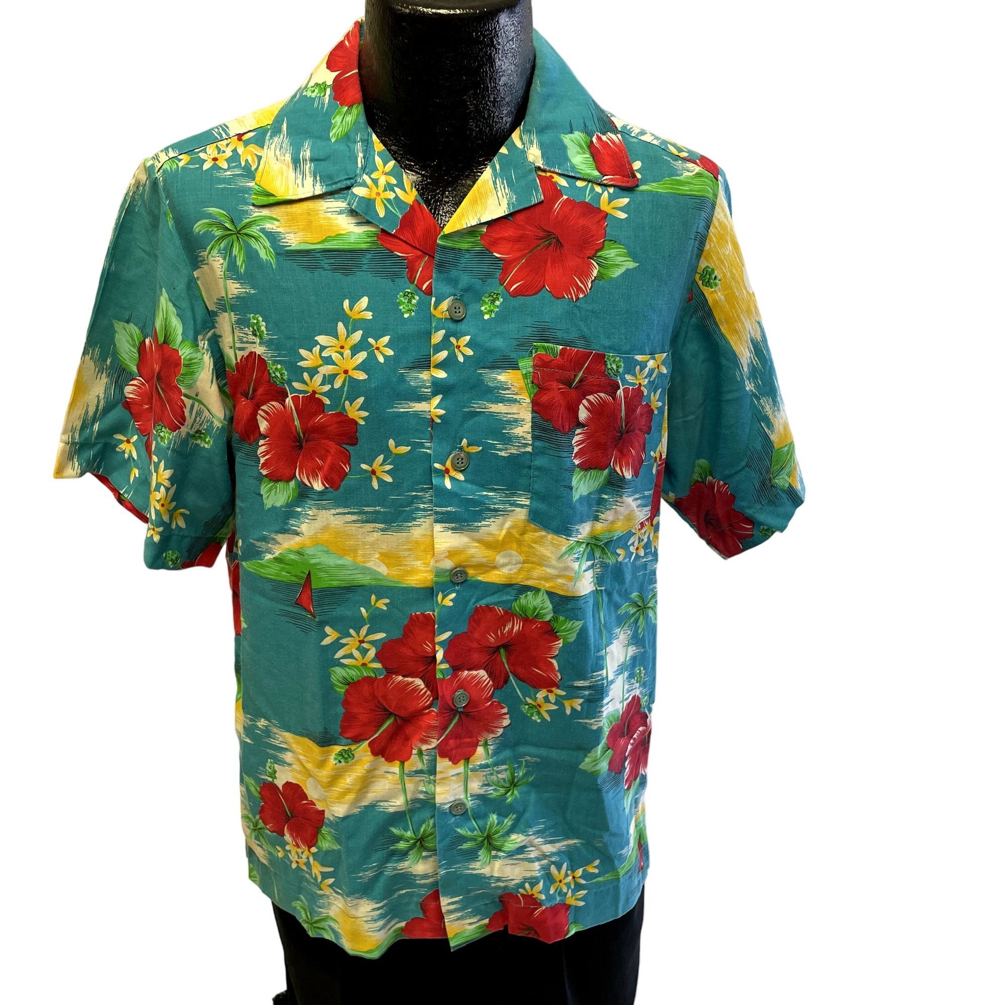 image of Unkwn 50's Blue Floral Red Hibiscus Hawaiian Beach Surfer Shirt M, Men's (Size Medium)