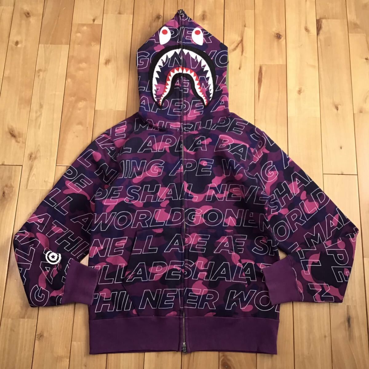 image of Bape Text Color Camo Purple Shark Full Zip Hoodie Ape in Purple Camo, Men's (Size Medium)