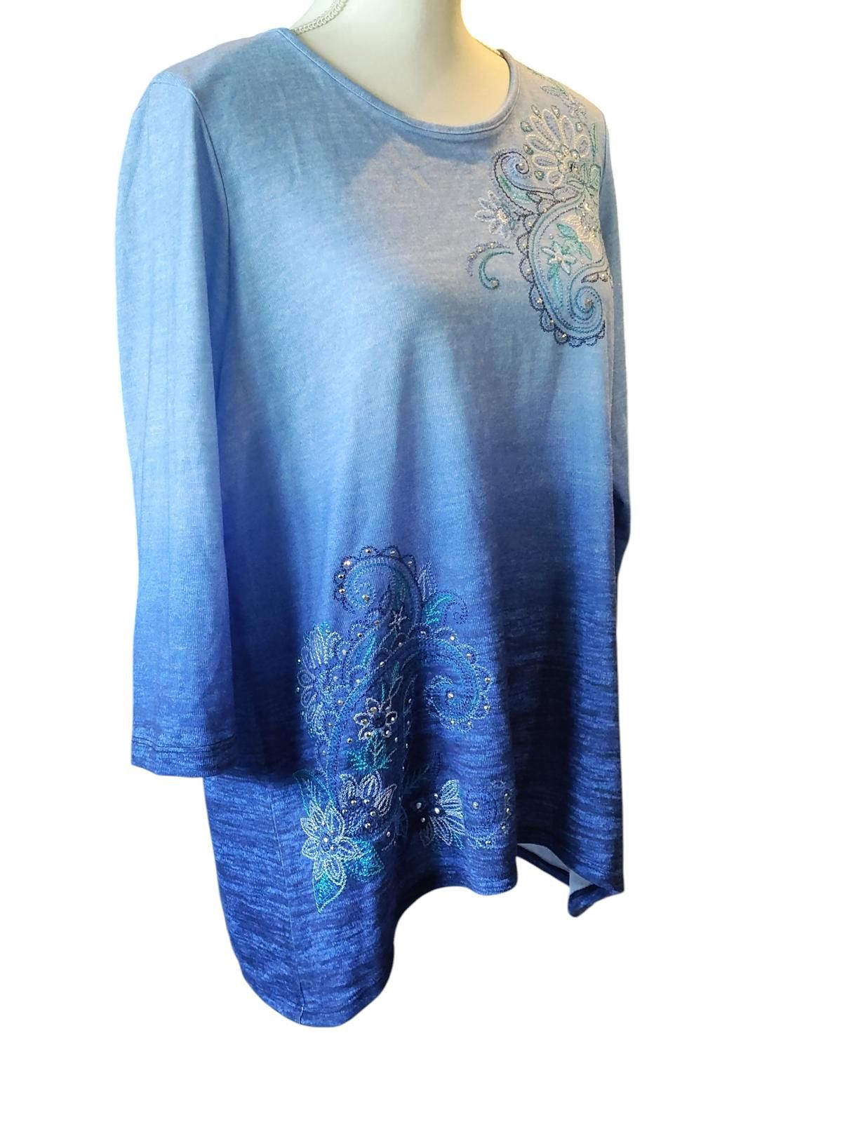 Designer Women's Ombre Blue Long Sleeve Tunic Dress with Embroidered/ Size M / US 6-8 / IT 42-44 - 2 Thumbnail