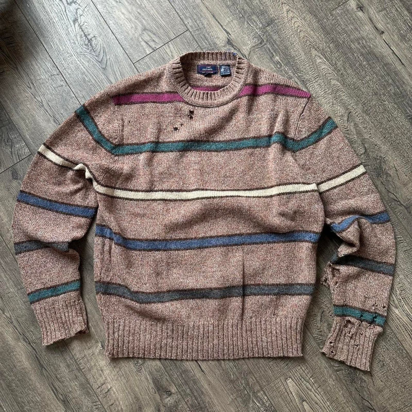Vintage Perfect Vintage 80s Thrashed Grunge Striped Wool Sweater Size US XL / EU 56 / 4 - 4 Thumbnail