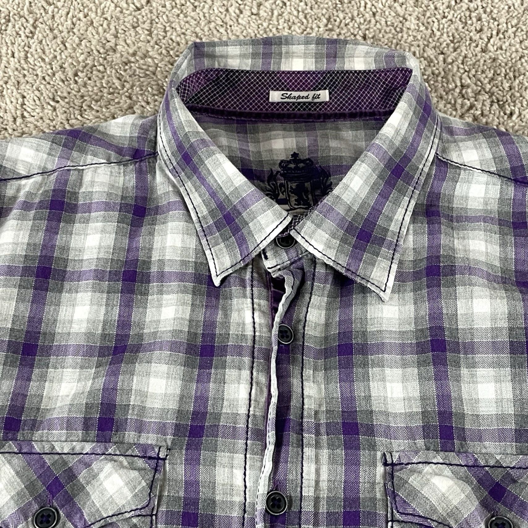BUGATCHI Bugatchi Shirt Large Gray Purple Flip Cuff Long Sleeve Shaped Fit Button T489 Size US L / EU 52-54 / 3 - 3 Thumbnail