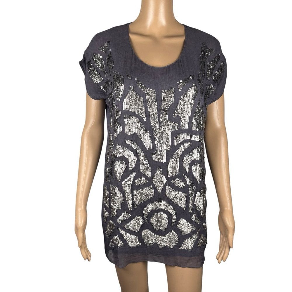 Other Gold Hawk 100% Silk Sequin Grey Tunic Top Mini Dress Size X Size XS / US 0-2 / IT 36-38 - 2 Thumbnail