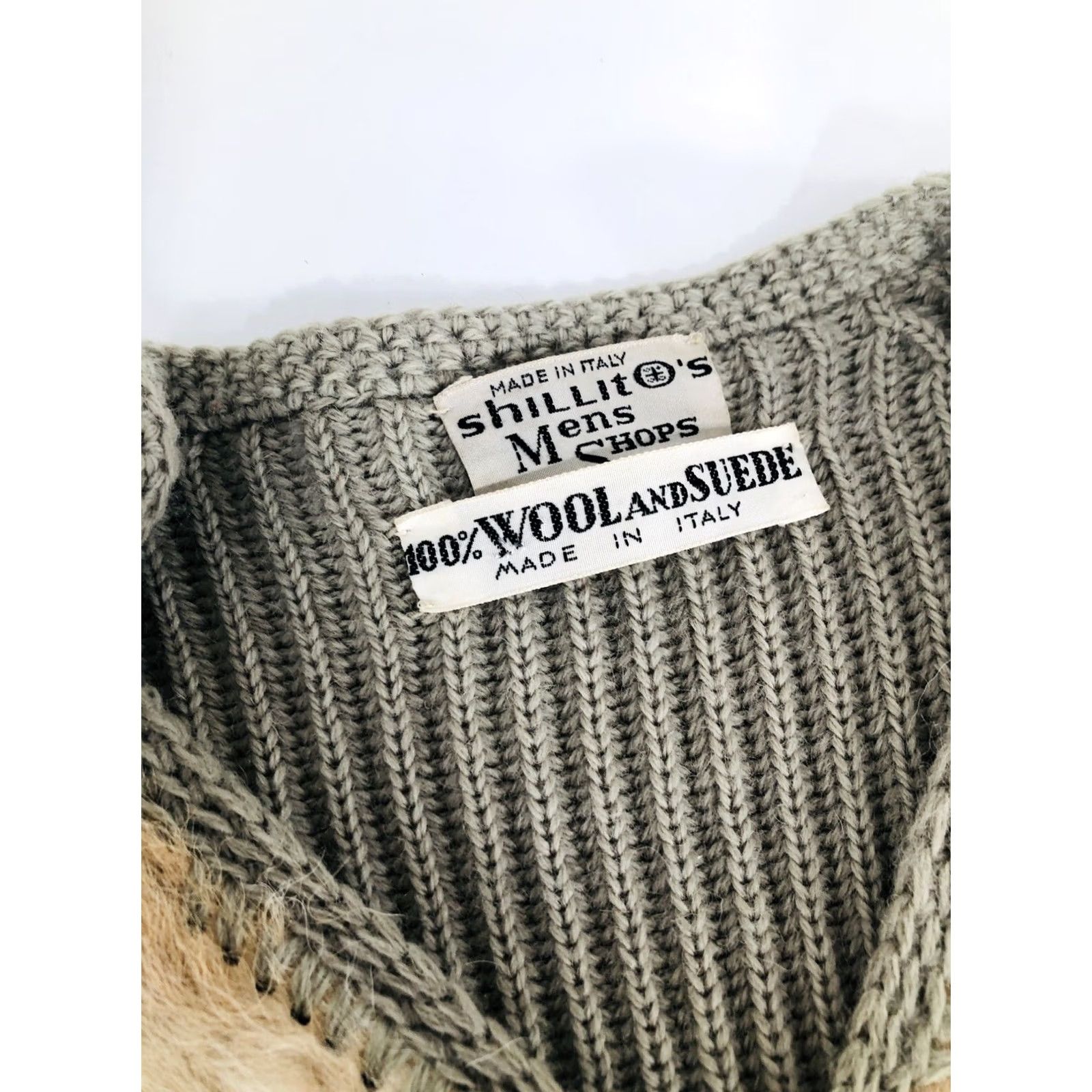 Vintage Shillito's Italy Vtg. Wool & Cow Hide Suede Leather Mens Sm. Sweater Shirt Regular S Greenish Beige / Tan 90s Italy Mens Size US S / EU 44-46 / 1 - 7 Thumbnail