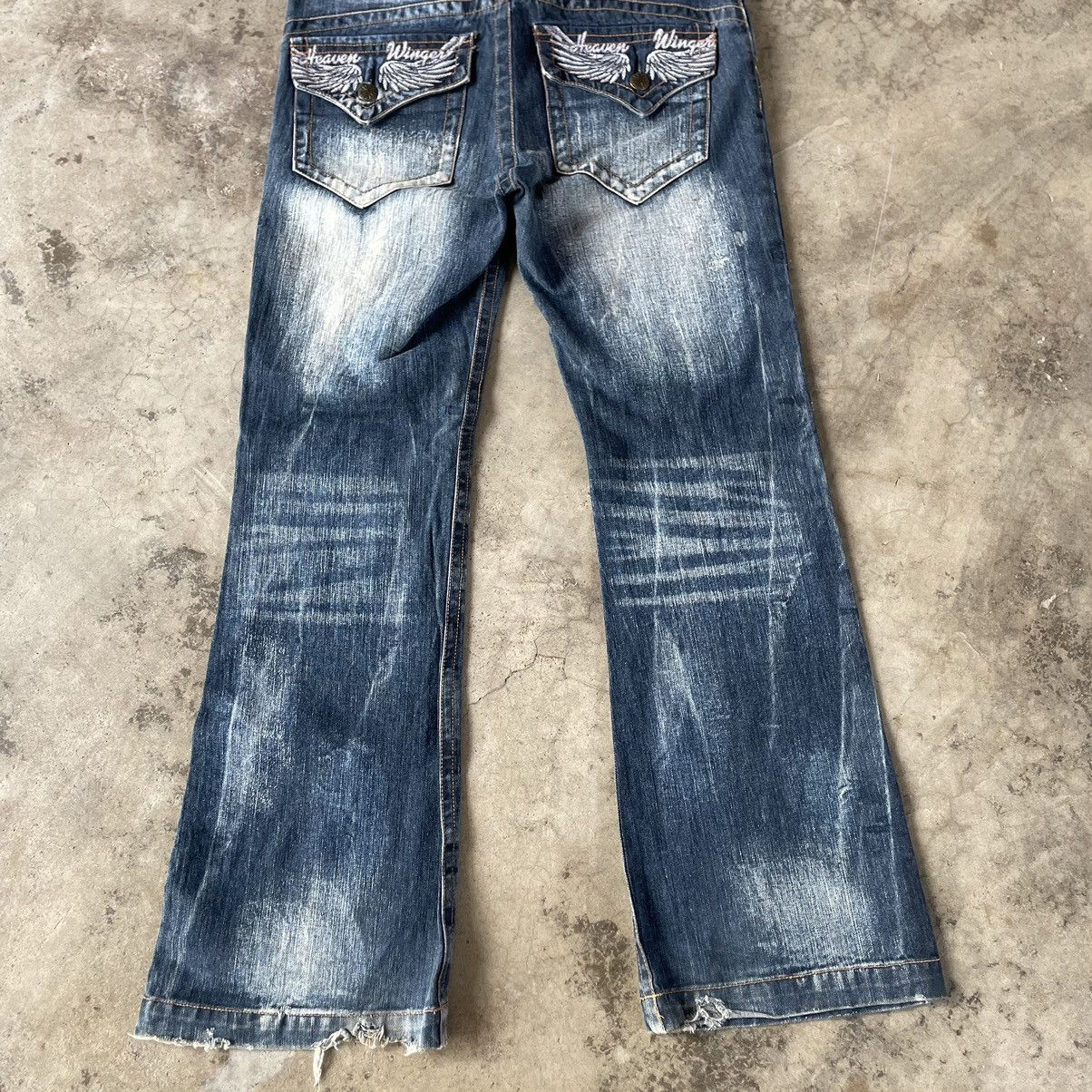 Japanese Brand 🔥🇯🇵Heaven Winger Stoned Washed Flare Distress Denim Jeans Size US 34 / EU 50 - 6 Thumbnail