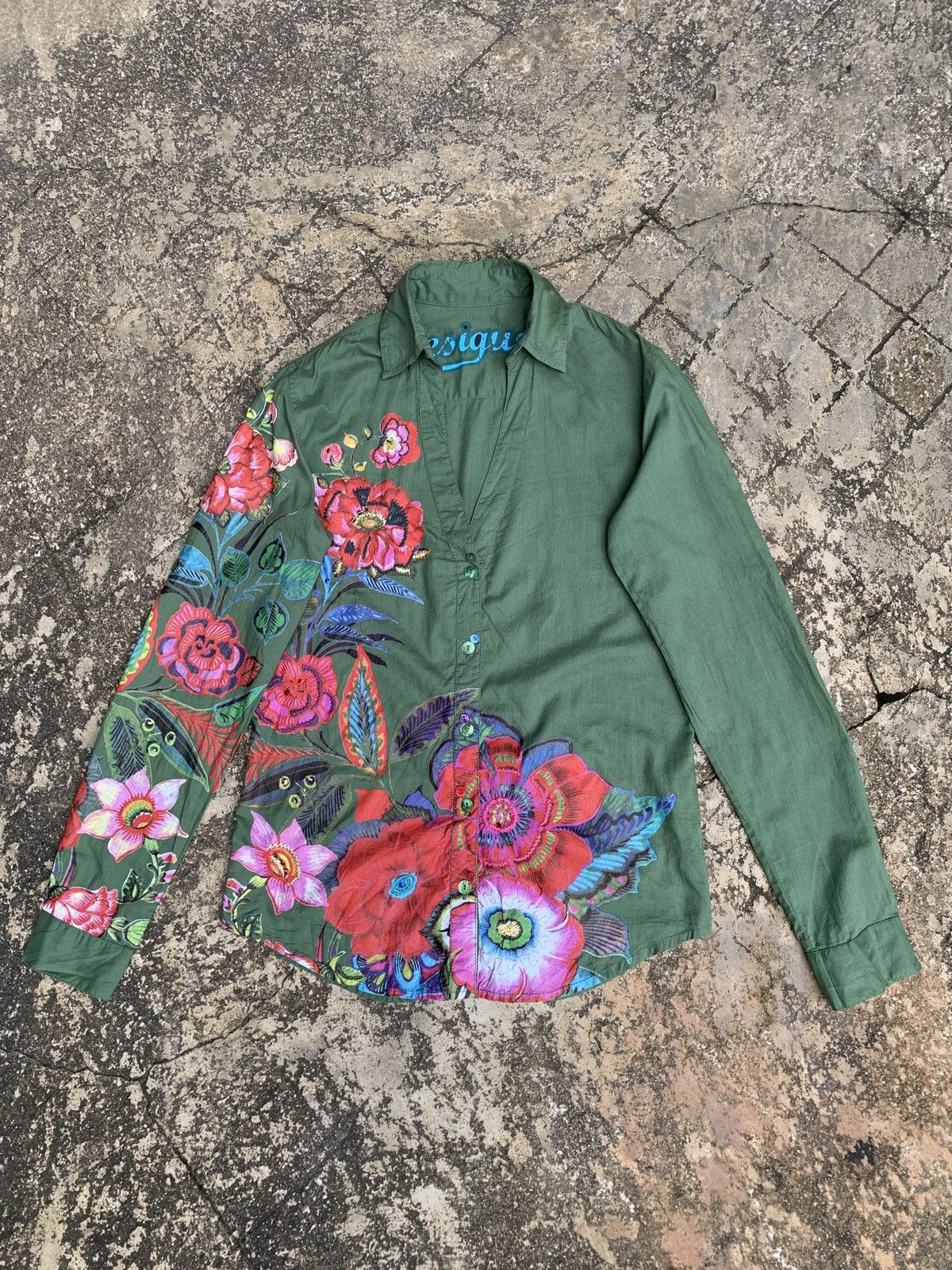 Desigual Desigual Spain Floral Graphic Green Army Shirt Size S / US 4 / IT 40 - 1 Thumbnail