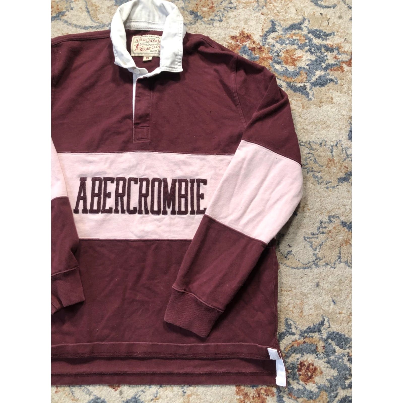 Abercrombie & Fitch VINTAGE Abercrombie Shirt Mens XL Burgundy Pink Rugby Stripe Long Sleeve Logo Collar Size US XL / EU 56 / 4 - 4 Thumbnail