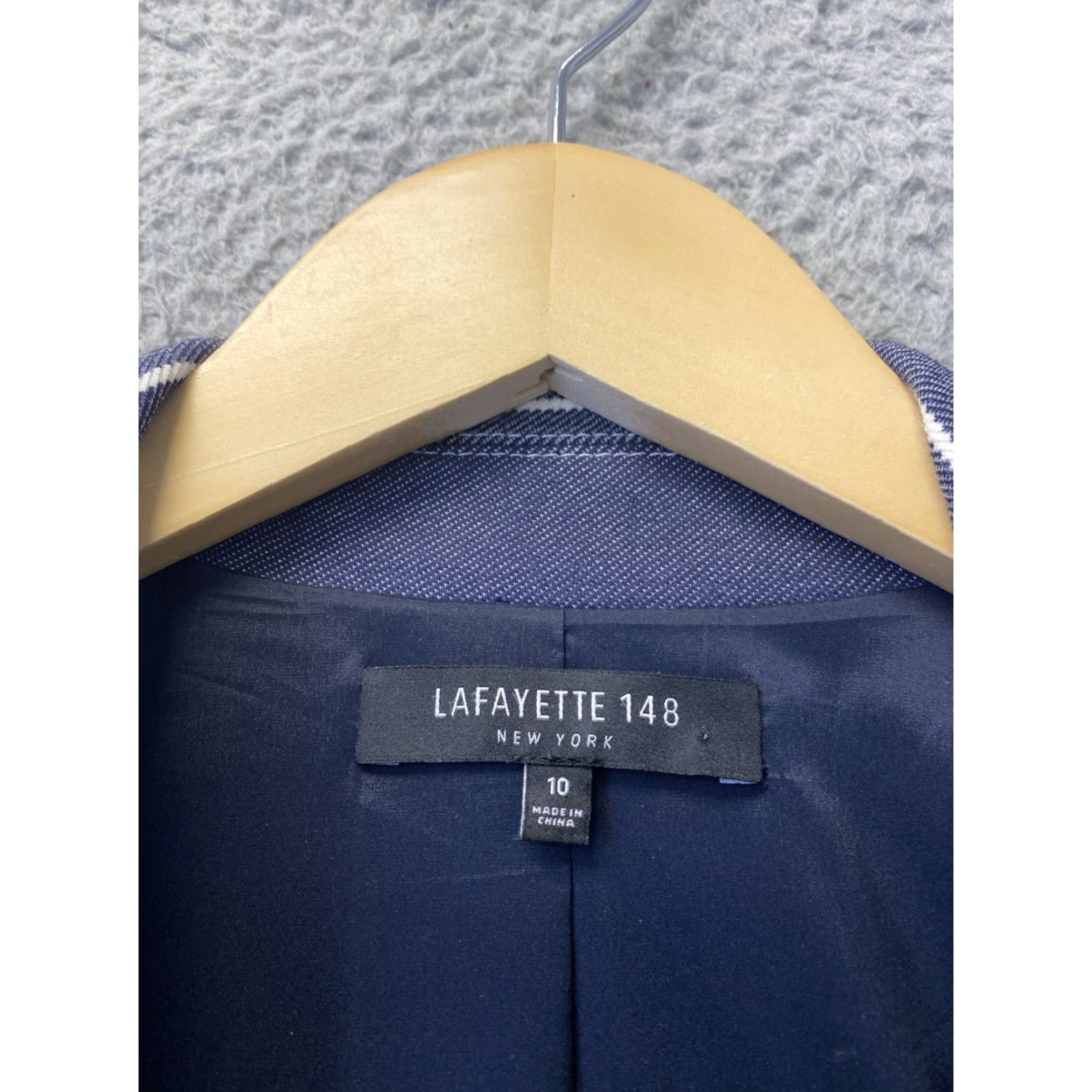 Vintage Lafayette 148 New York Jacket - Women - 10 - Blue Striped Moto Blazer - Full Zip - Viscose Twill - Workwear/Casual - Designer Size L / US 10 / IT 46 - 4 Thumbnail