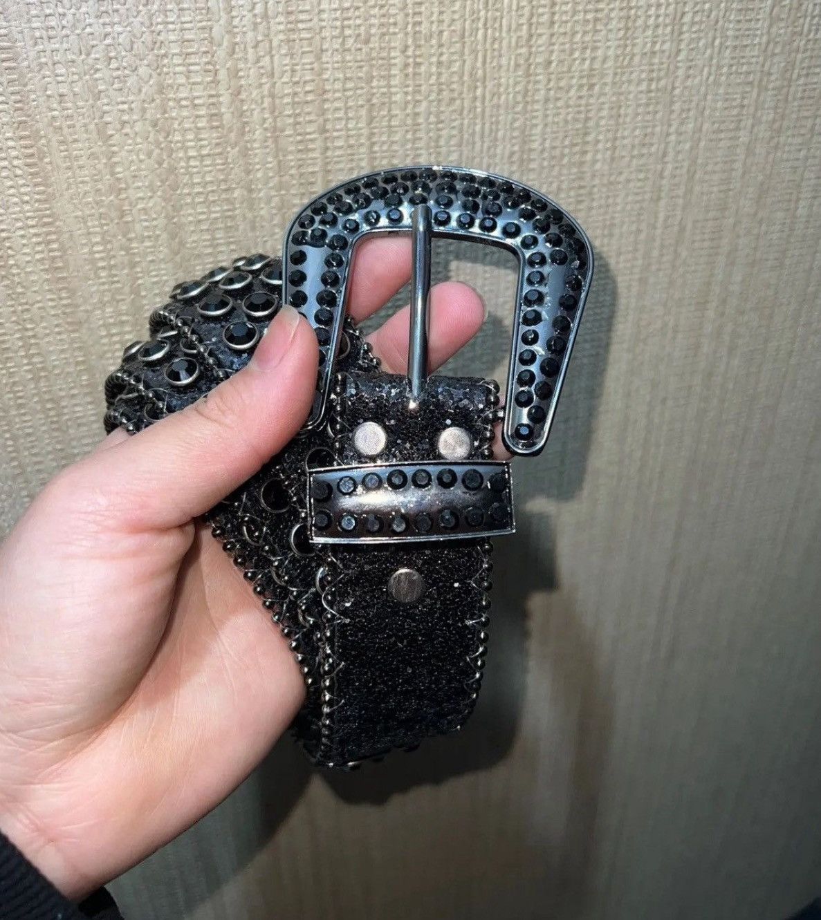 Leather × Vintage Black rhinestone shiny rivet belt Y2K Size ONE SIZE - 3 Thumbnail