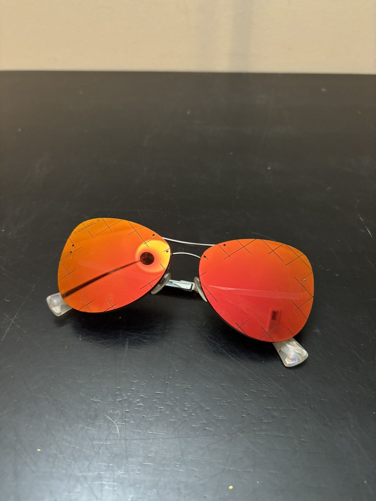 Chanel CC Quilted Orange Lense Aviator Rimless Sunglasses