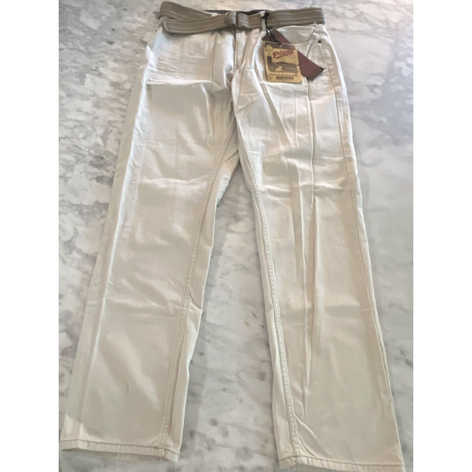 Vintage Plugg Pants Men’s 34/32 Stone Belted Straight Leg Cotton New Tags Khakis, Flat Front, Zip Button, Beige, Regular Rise, Inseam 32, Size 34, Men Size US 34 / EU 50 - 2 Thumbnail