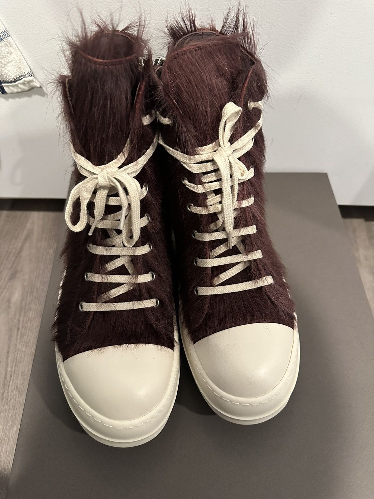 image of Rick Owens Pony Hair Cow Fur Ramones High Amethyst Size 43 Shoes in Purple, Men's