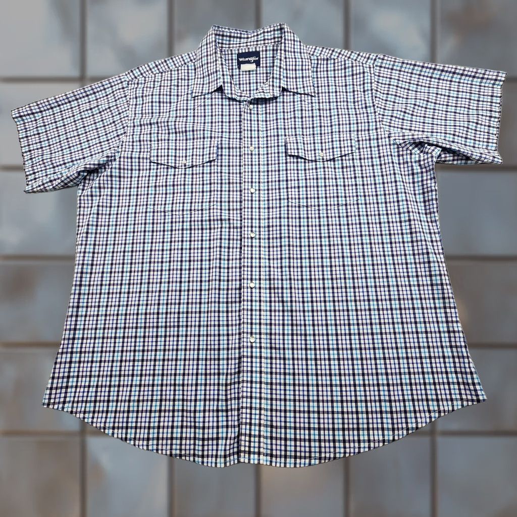 Wrangler Wrangler Shirt Mens XL Blue Plaid Pearl Snap Short Sleeve Western Cowboy Casual Workwear Shirt Size US XL / EU 56 / 4 - 1 Thumbnail