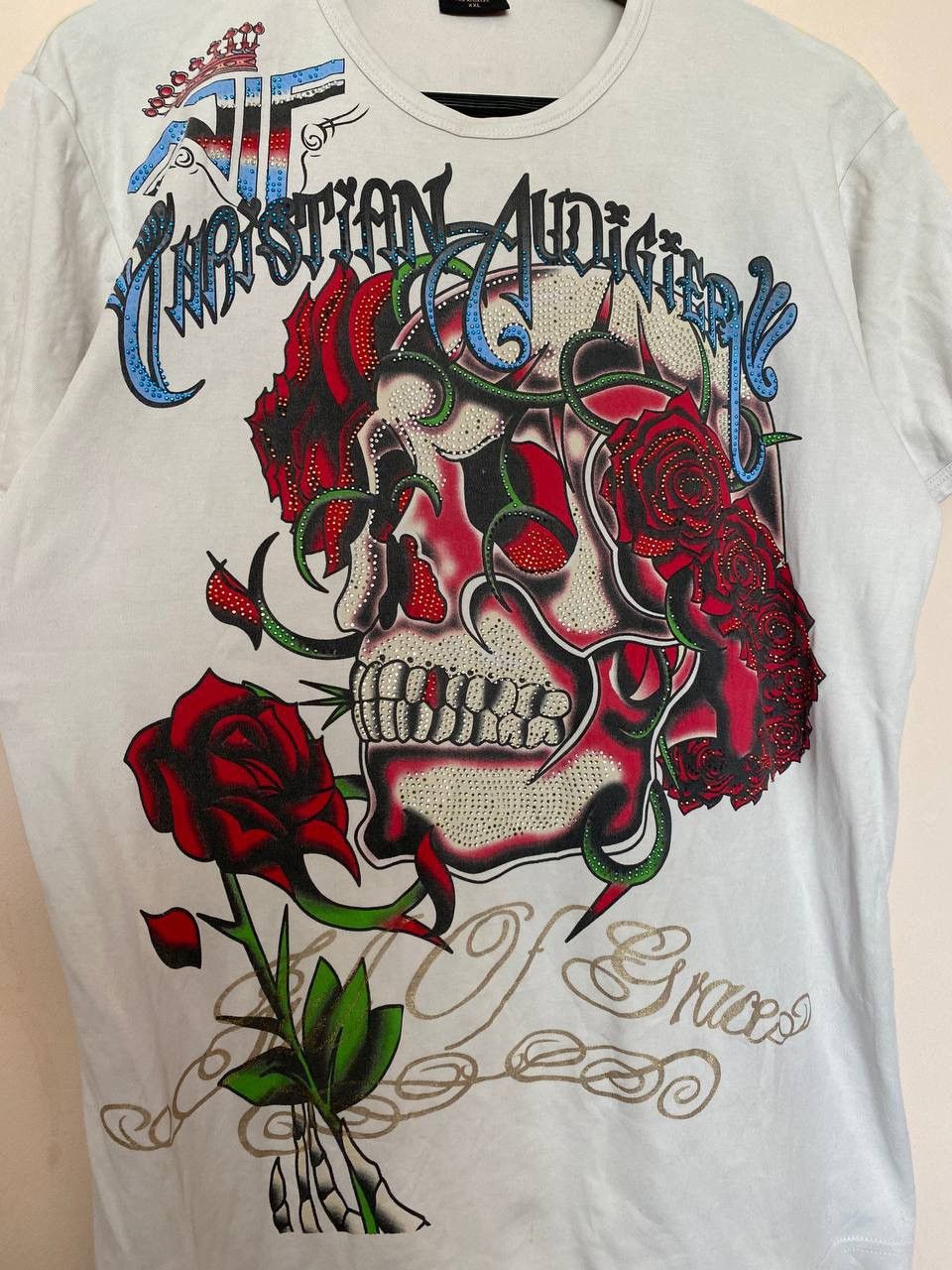 Christian Audigier Vintage Rare Christian Audigier Ed Hardy White Skull Rose Size US XXL / EU 58 / 5 - 2 Thumbnail