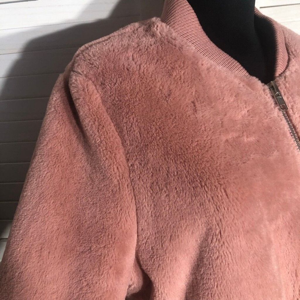 Forever 21 Bomber Jacket Faux Fur Zip Front Ribbed Side Pockets Pink L Size L / US 10 / IT 46 - 14 Thumbnail