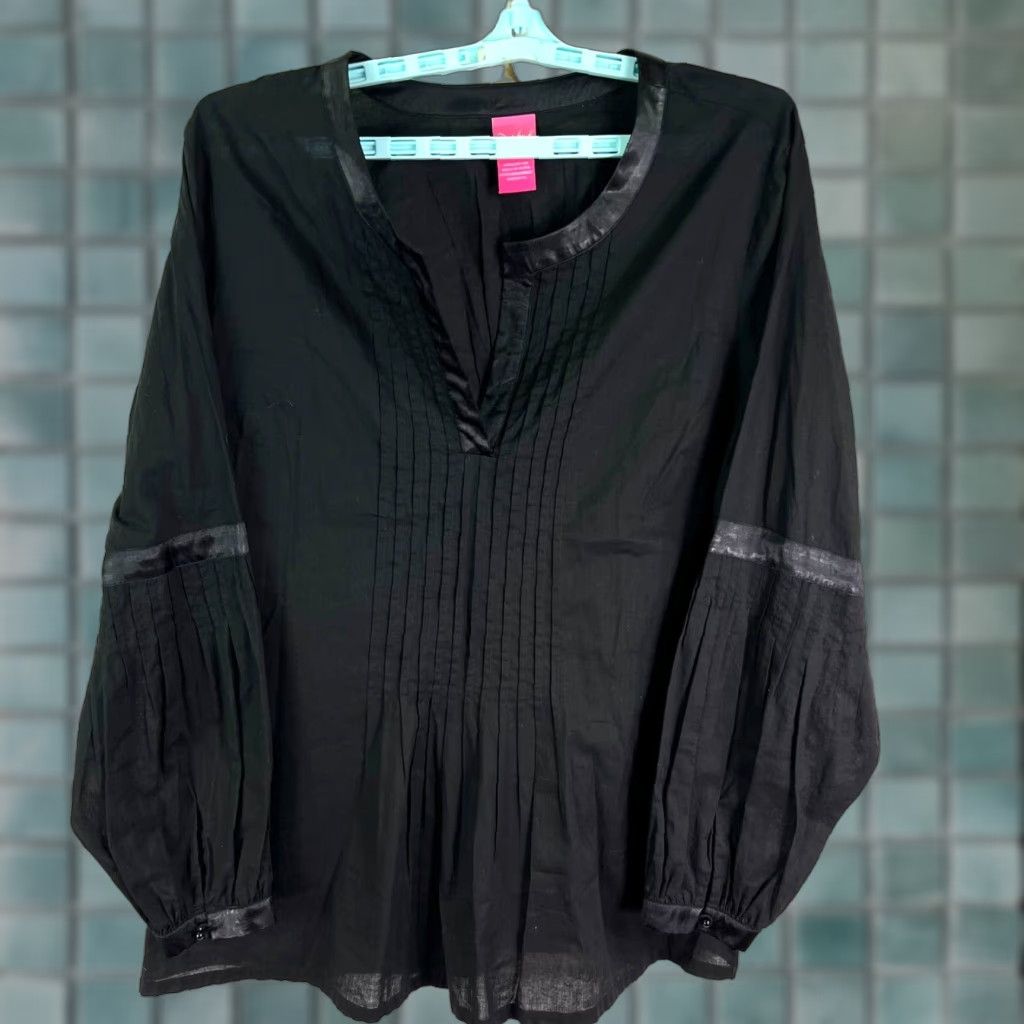 Vintage Belle Blouse Women XL Black Cotton V-Neck Knit Pleated Ruffle Lightweight Casual Size XL / US 12-14 / IT 48-50 - 1 Thumbnail