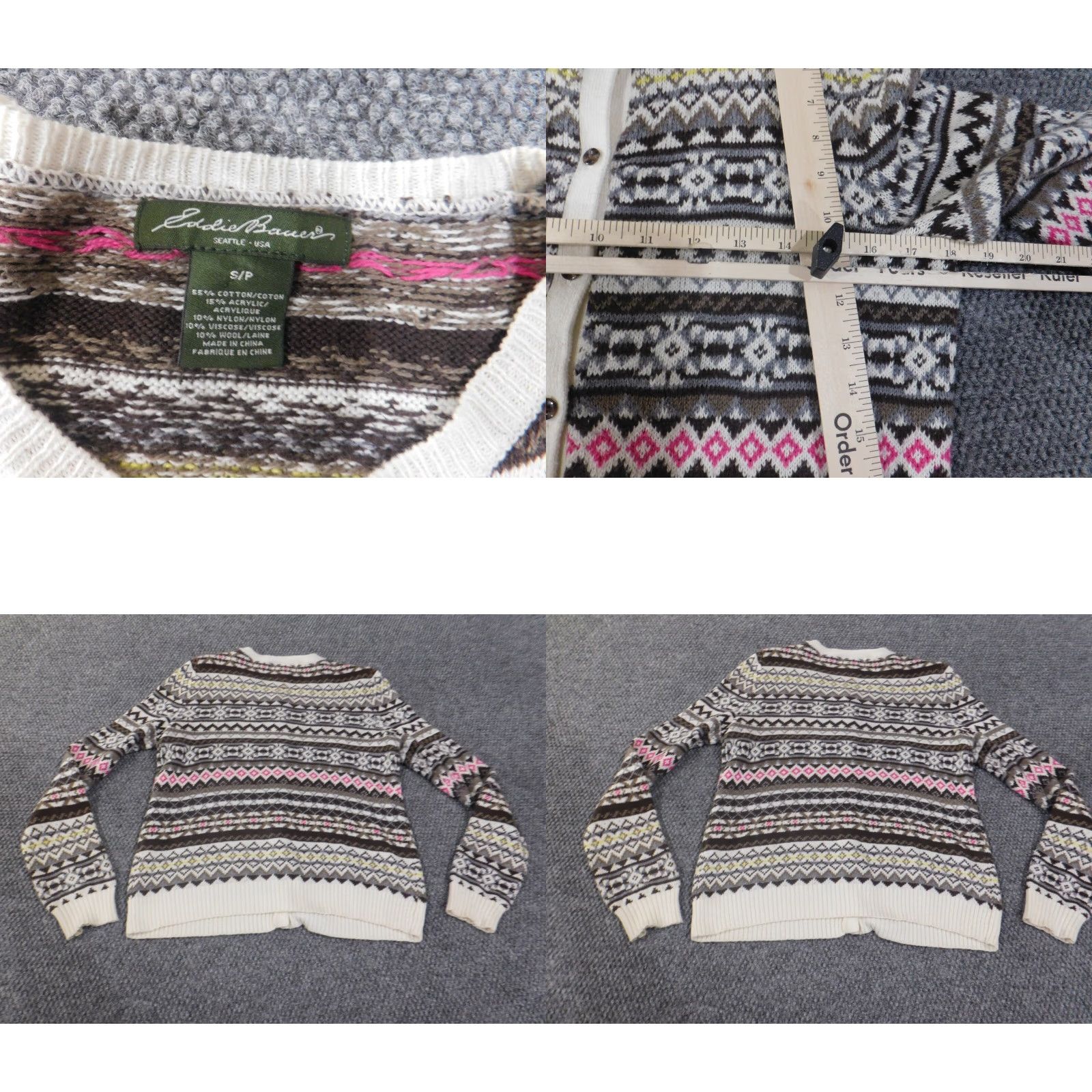 Eddie Bauer Eddie Bauer Sweater Womens S Brown Geometric Cardigan Knit Wool Cable-Knit Crew Neck Long Sleeve Raglan Vintage No Pattern: Geometric Size S / US 4 / IT 40 - 8 Thumbnail
