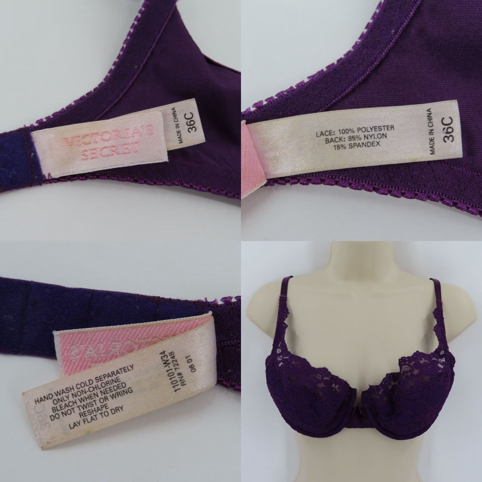 Victoria's Secret VINTAGE Victoria's Secret 36C Purple Floral Lace Bra Underwire Padded Balconette Size ONE SIZE - 9 Thumbnail