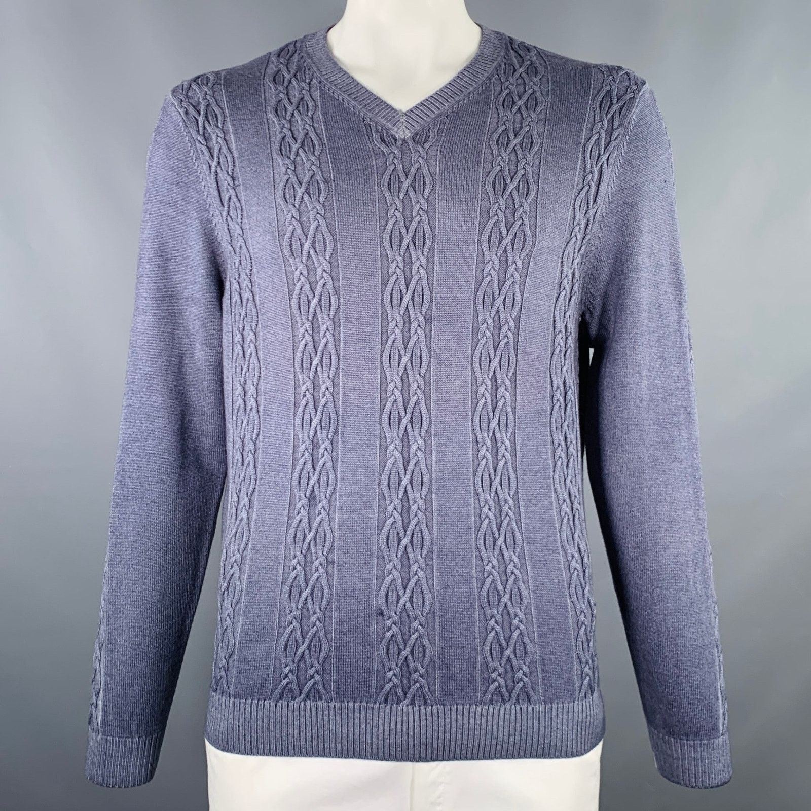 Other L Blue Grey Cable Knit Merino Wool V-Neck Pullover Size US L / EU 52-54 / 3 - 1 Thumbnail