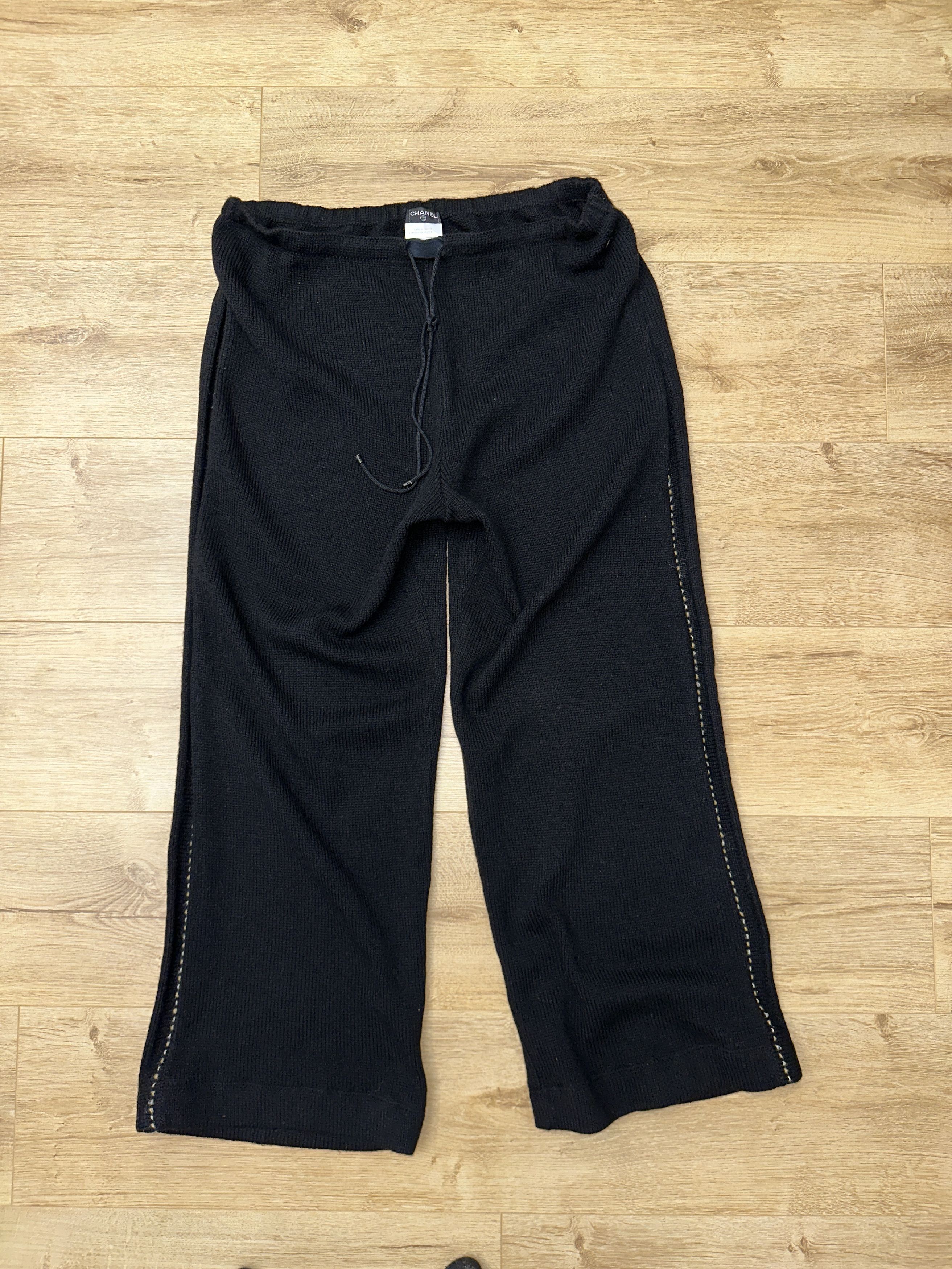 Chanel Wool Cashmere Knit Wide Leg Pants Elastic Waist 44
