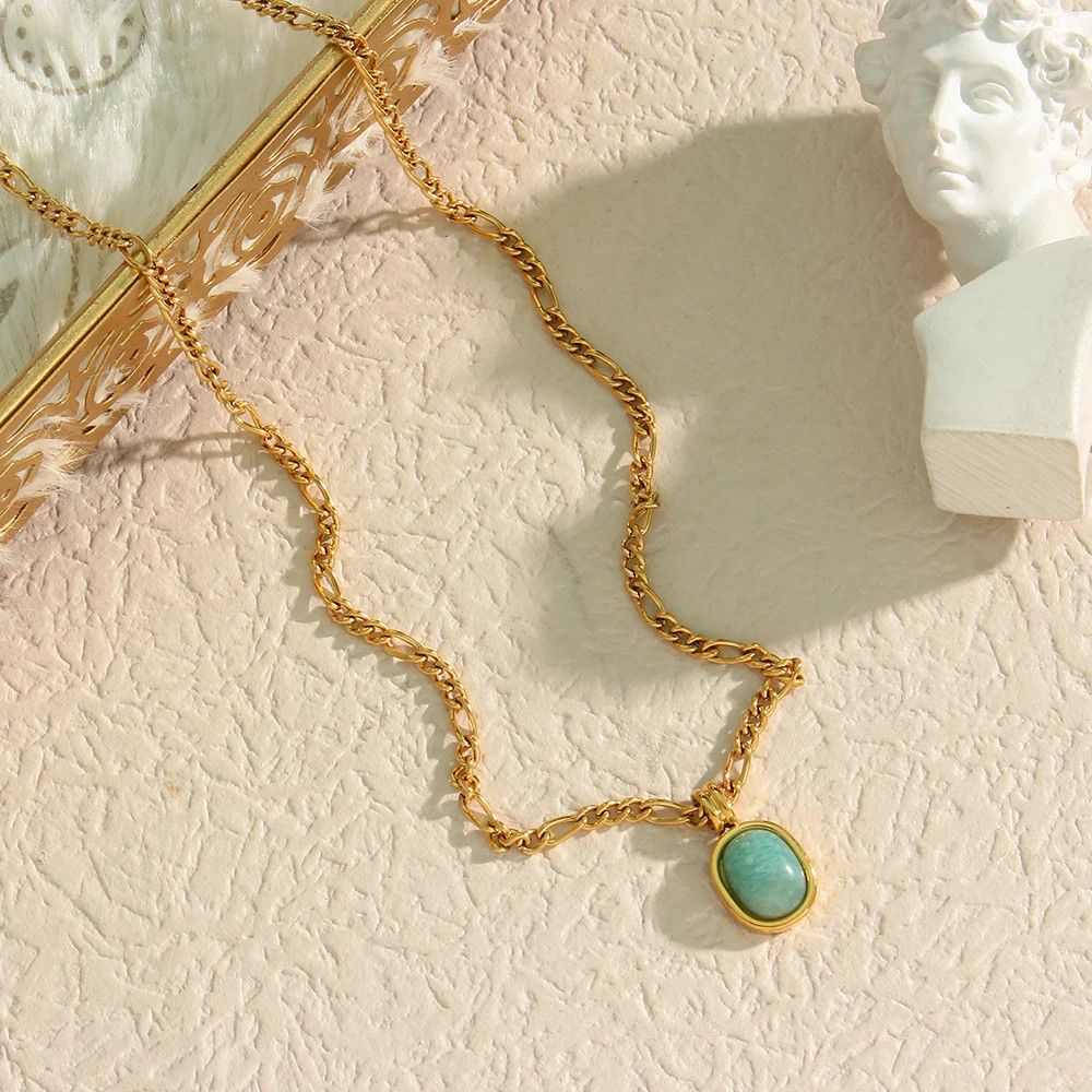 Jewelry × Vintage Figaro Chain Oval Natural Amazonite Stone Size ONE SIZE - 5 Thumbnail