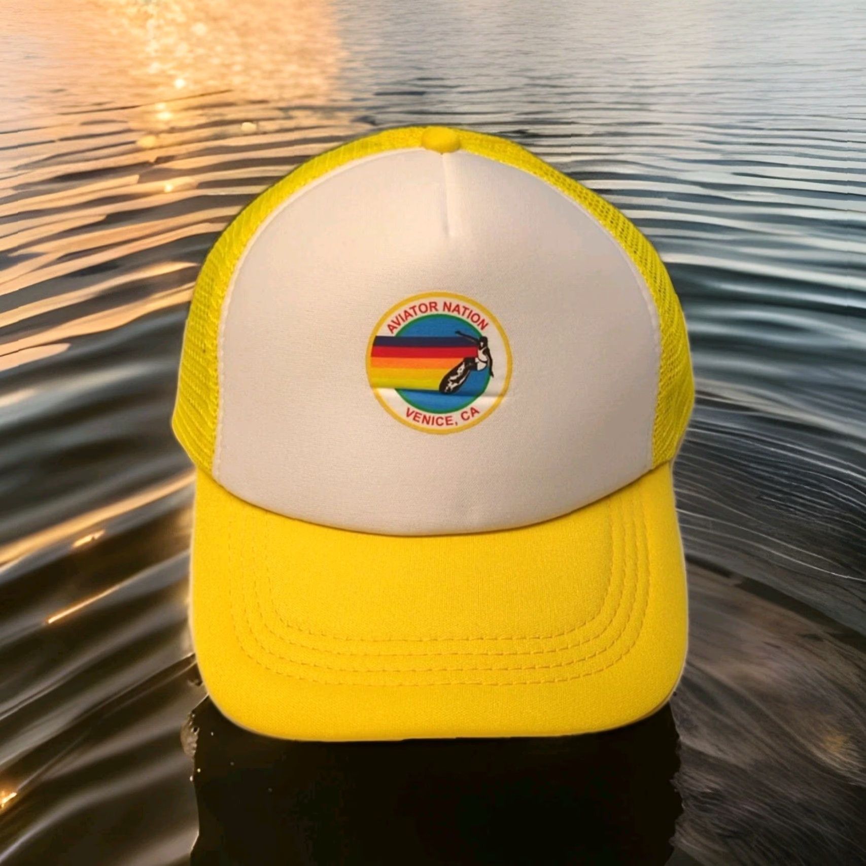 Vintage Venice Beach Surf Aviator Hat Yellow Adjustable One Size Fits Unisex Adults Baseball Cap Ocean Beach Pattern Geometric Summer Winter Poster? Size ONE SIZE - 3 Thumbnail