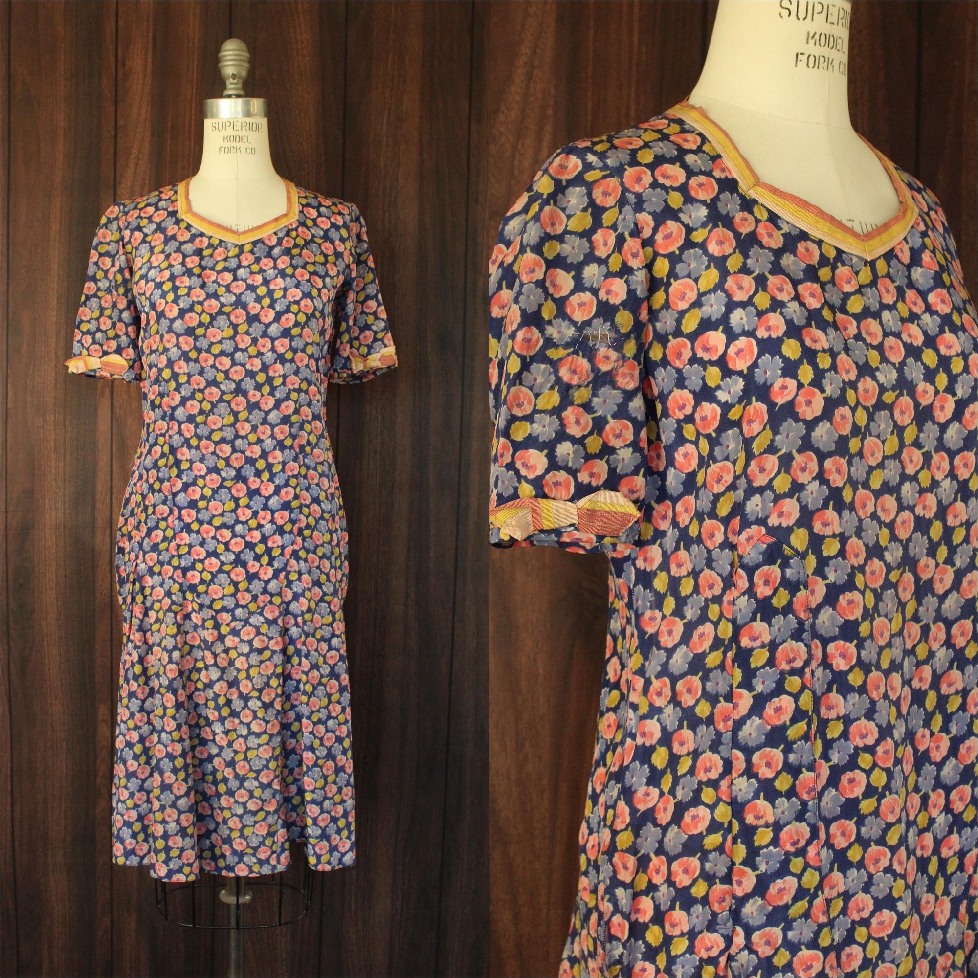 Other Vintage Antique 1920s Dress, Silk Blue and Pink Floral Print Size M / US 6-8 / IT 42-44 - 1 Thumbnail