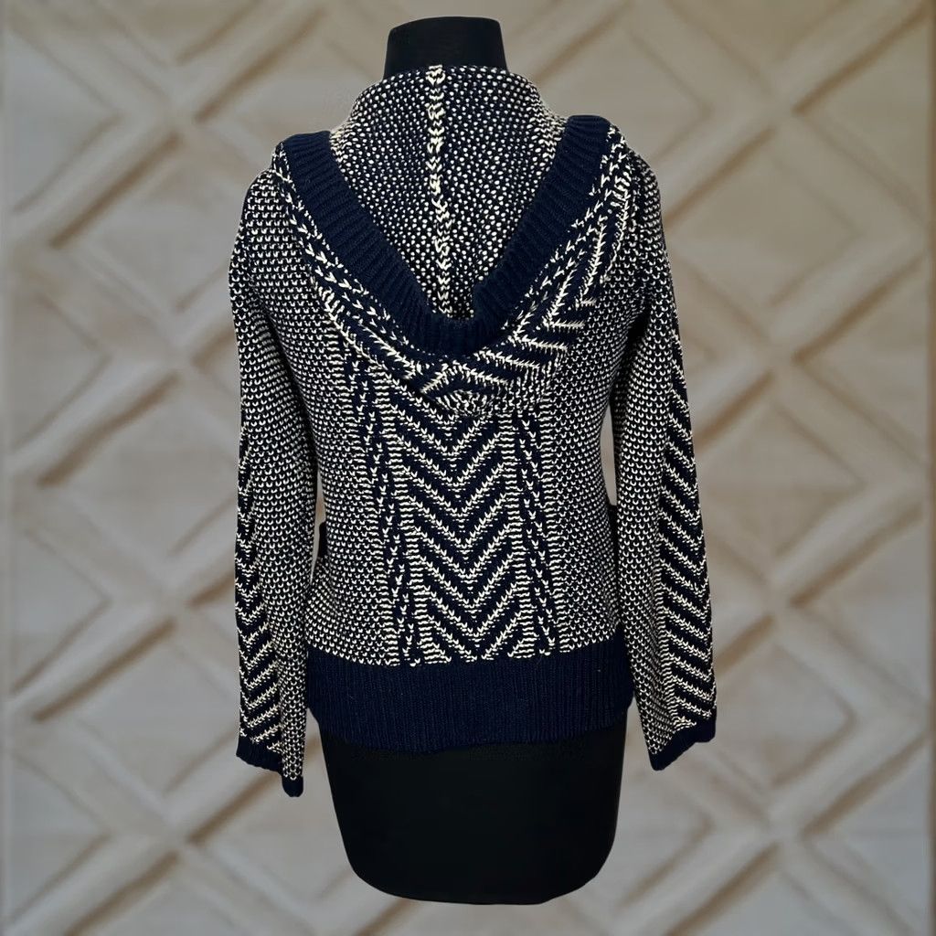 Anthropologie HWR Cardigan Sweater Hooded Button Front Geometric Knit Blue Cream Womens S Size S / US 4 / IT 40 - 1 Thumbnail