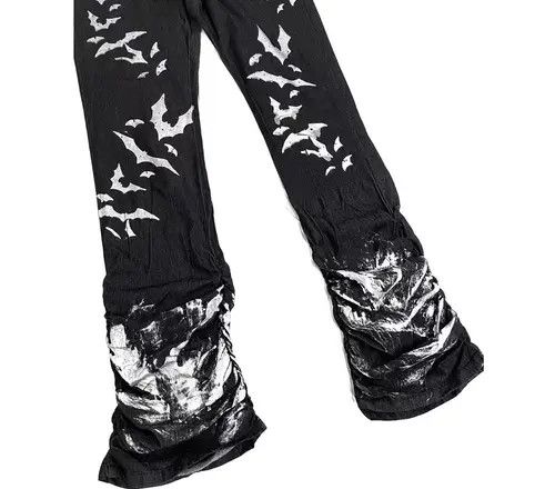 VIBE Washed distressed pleated micro-flare bat-print jeans Size US 32 / EU 48 - 5 Thumbnail