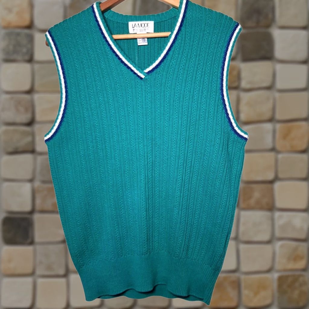 Vintage VINTAGE La Mode Sweater Vest L Teal Combed Cotton Preppy V Neck 1990s Size L / US 10 / IT 46 - 1 Thumbnail