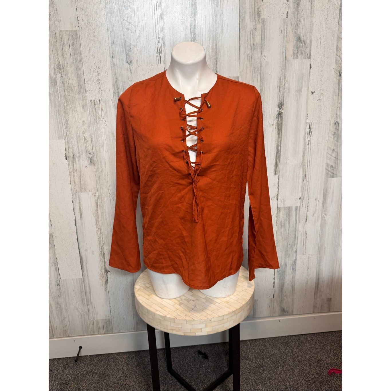 Robin Ruth Truth NYC Rust Orange Lace-Up Blouse Women’s Size M Size M / US 6-8 / IT 42-44 - 4 Thumbnail