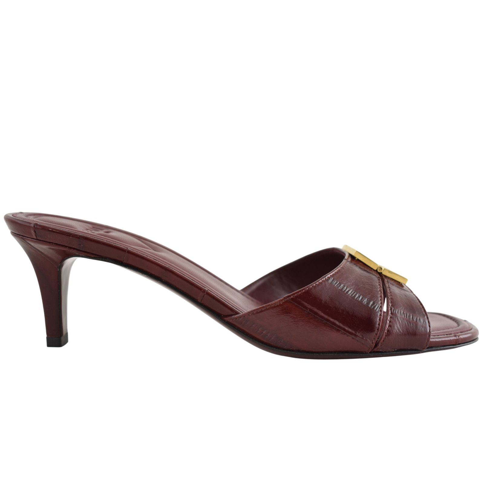 Wine Red Eel Leather Ff Logo Mule Kitten Heel Sandals 37, Women's