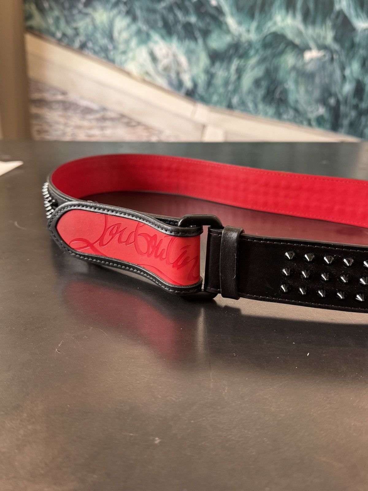 image of Vintage Studded Unisex Christian Louboutin Leather Logo in Black, Men's
