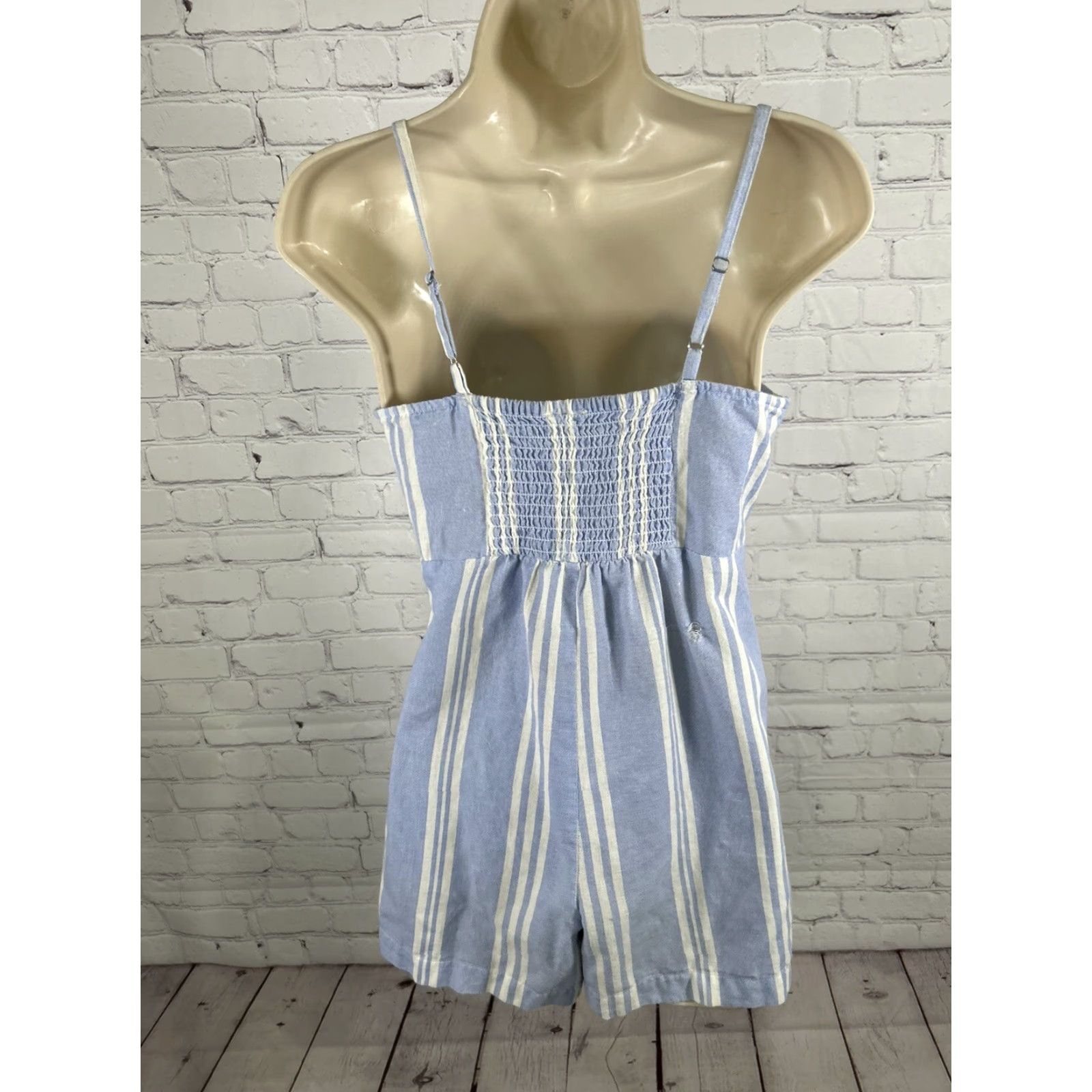 Vintage Japna Romper Linen Blend Striped Button Front Blue White Sleeveless V Neck XS Size 26" / US 2 / IT 38 - 4 Thumbnail