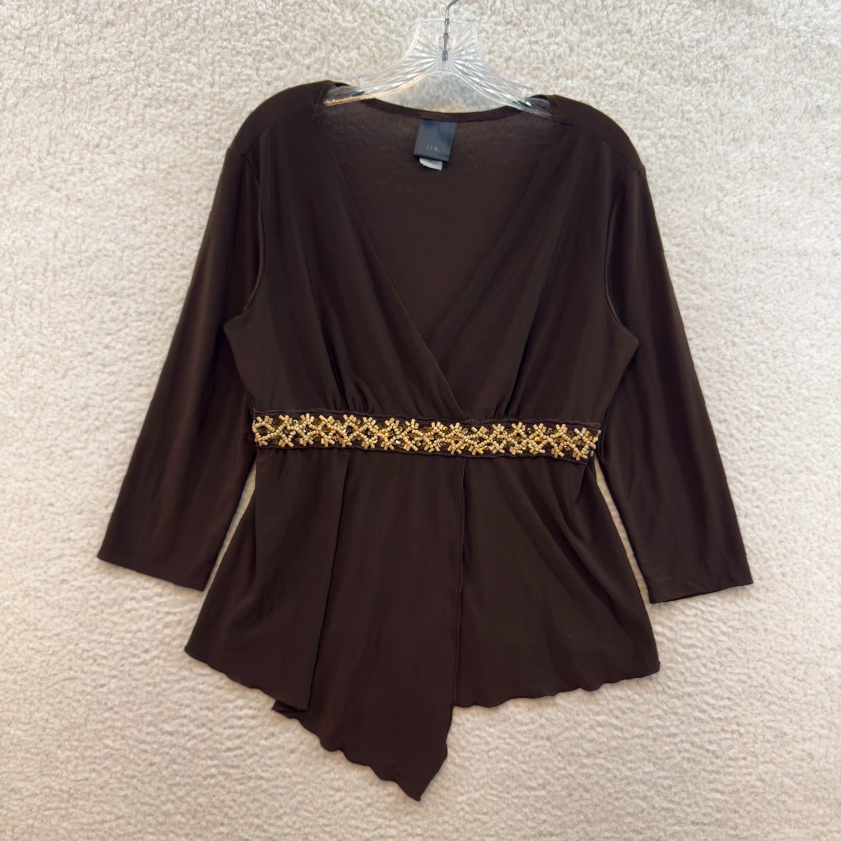 Vintage VINTAGE 90s Y2K Brown Jersey Top - XL Boho Slinky Asymmetrical Shirt Womens Size XL / US 12-14 / IT 48-50 - 2 Thumbnail