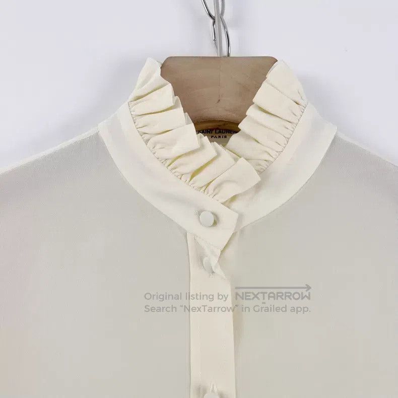 Saint Laurent Paris Saint Laurent Paris Beige Long Sleeve Shirt with Lace Trim Size XXS / US 00 / IT 34 - 4 Thumbnail