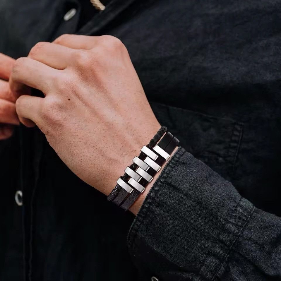 Jewelry × Leather Leather Stylish Stainless Steel 3 Layer Black Bracelets Size ONE SIZE - 3 Thumbnail