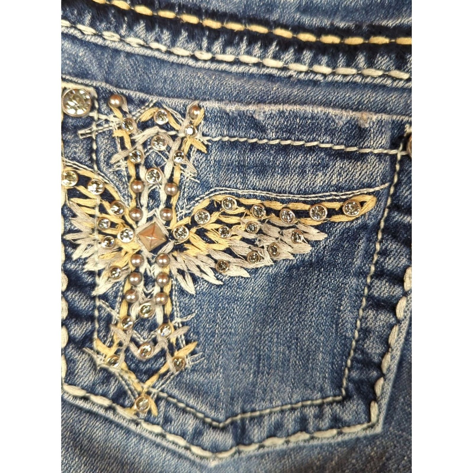 Miss Me Miss Me Jeans Womens 26 Blue Bootcut Denim Low Rise Medium Wash Rhinestone Studded Distressed Flawed Size 26" / US 2 / IT 38 - 5 Thumbnail