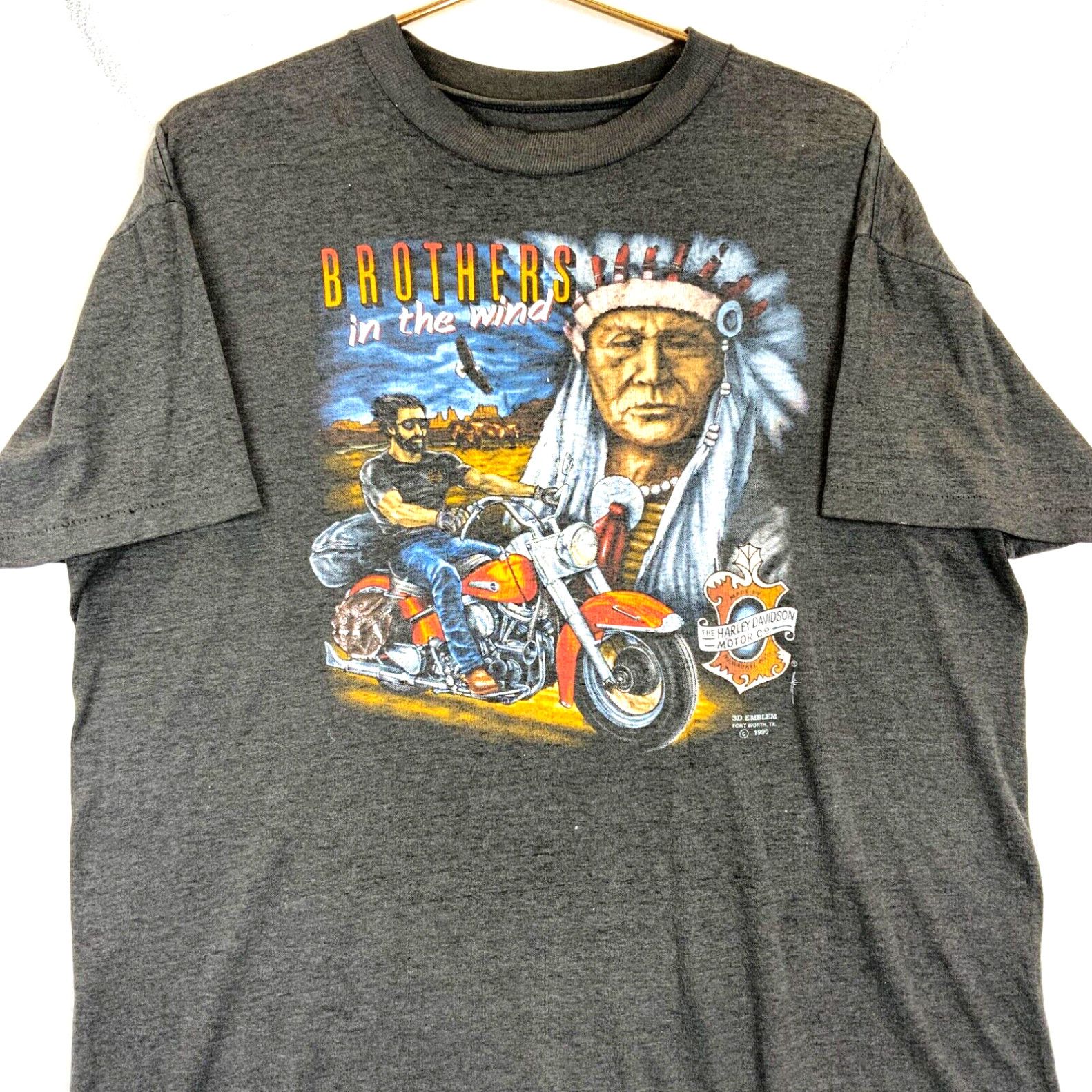 image of Vintage Harley Davidson 3D Emblem Brothers In The Wind T-Shirt XL 1990 Black in White, Men's