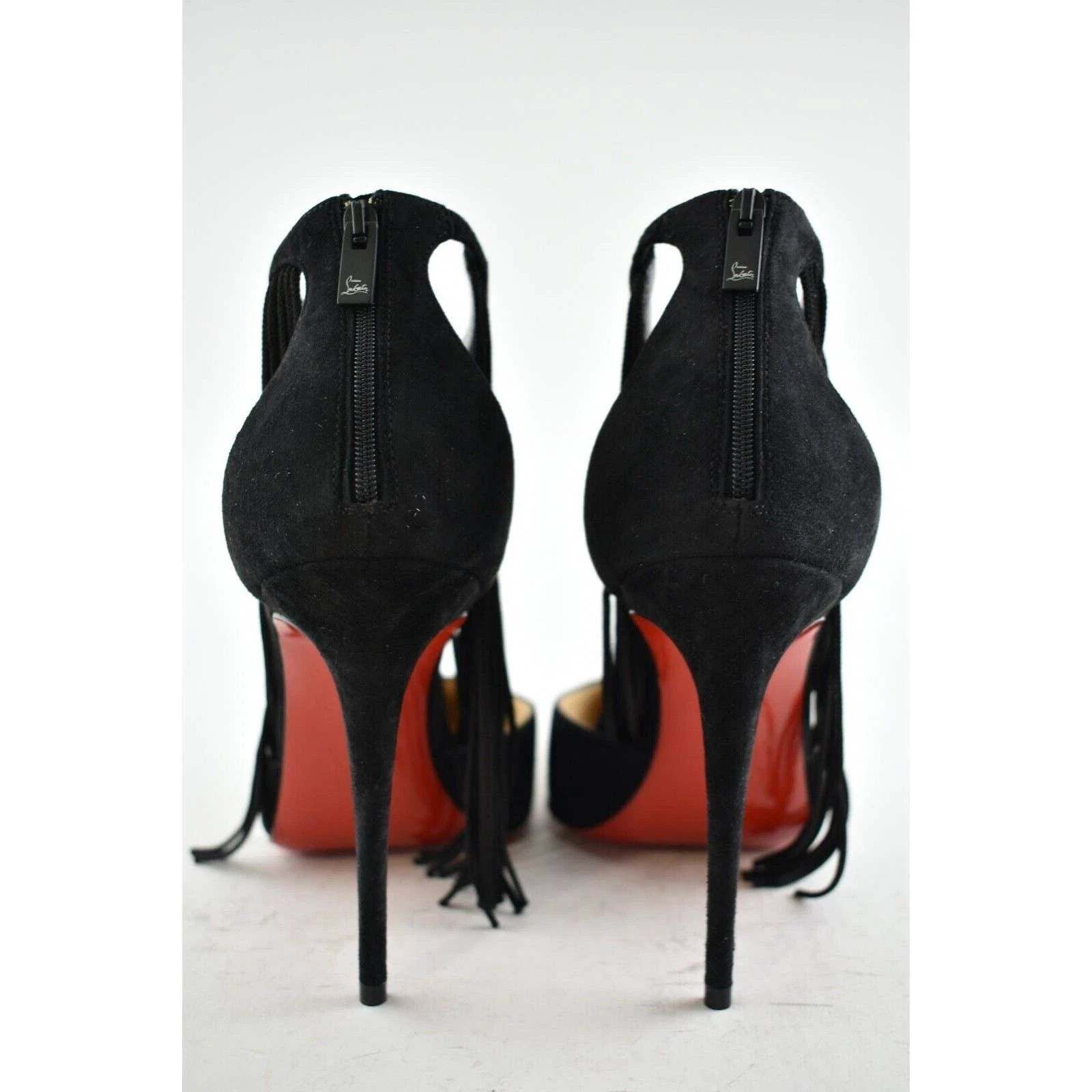 Christian Louboutin Courtain 100 Black Fringe Ankle Strap Sandal Heel Pump 36 Size US 6 / IT 36 - 11 Thumbnail