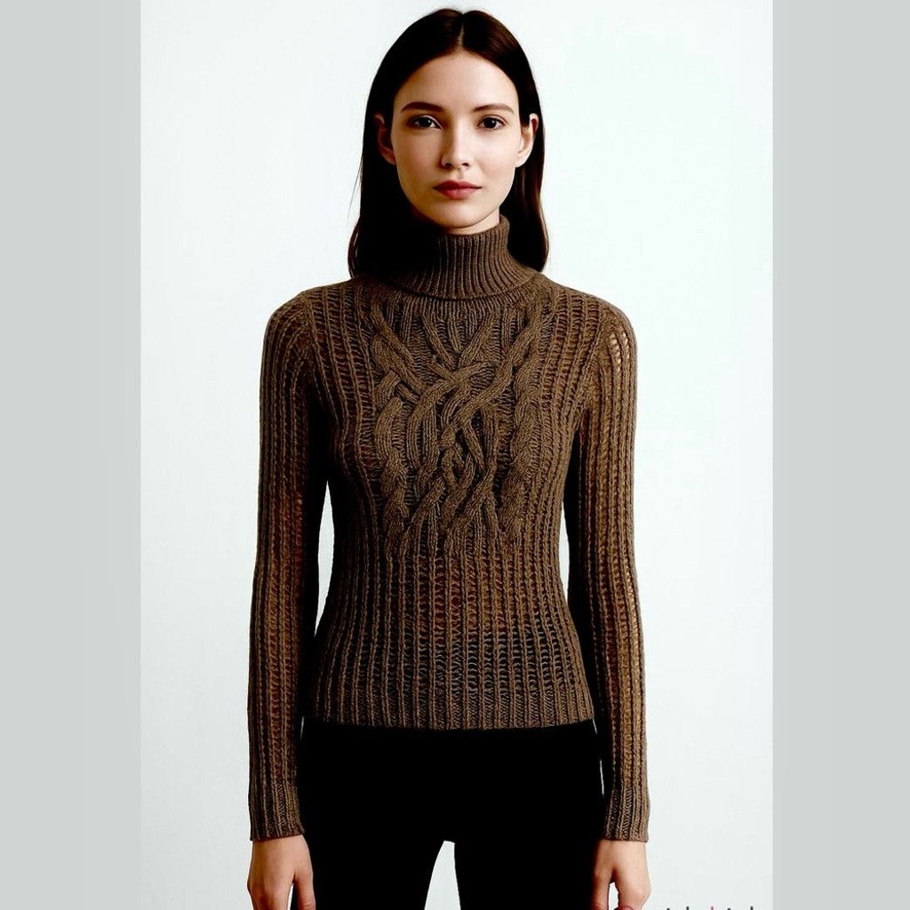 Max Mara MaxMara Dark Brown Open Knit CableKnit Turtleneck Sweater 00 Size XXS / US 00 / IT 34 - 1 Thumbnail