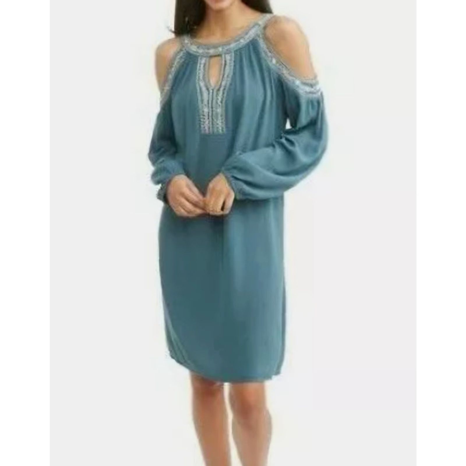 Vintage Time & Tru Dress Faded Teal Crinkle Cold Shoulder Embroidered Knee Length Boho L Women's Shirt? Size L / US 10 / IT 46 - 6 Thumbnail