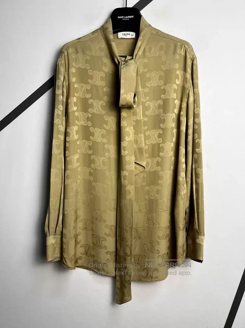 Celine CELINE Champagne Gold Triumph Arch Logo Printed Silk Tie S Size XS / US 0-2 / IT 36-38 - 1 Thumbnail