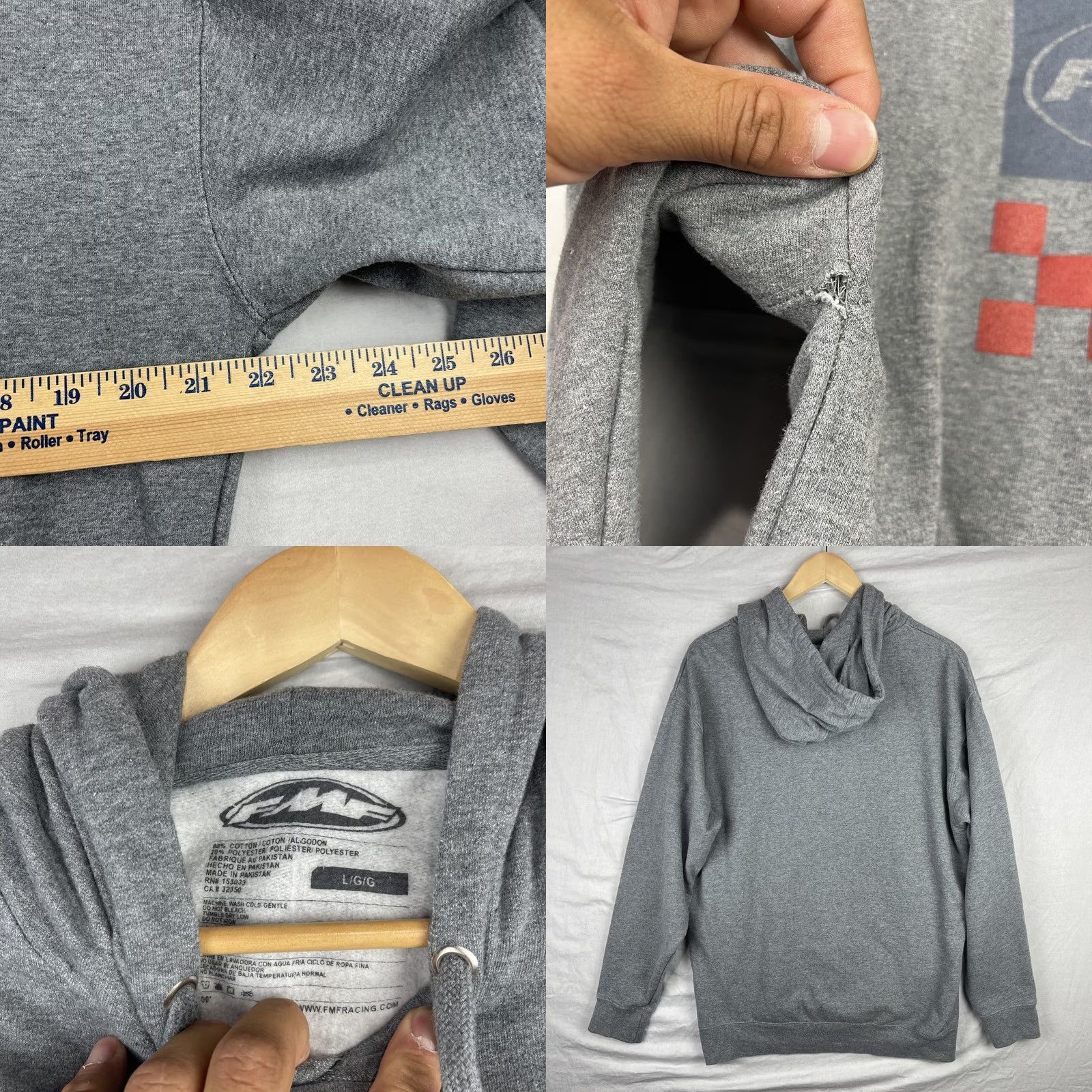 Vintage FMF Hoodie Mens Large Gray Sweatshirt Fleece Pullover Flying Machine Factory Graphic Print Hooded Pockets Logo Size US L / EU 52-54 / 3 - 8 Thumbnail
